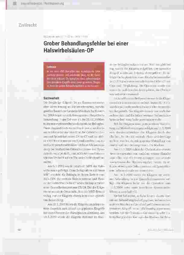 Vorschauseite 1: Grober Behandlungsfehler bei einer Halswirbelsäulen-OP