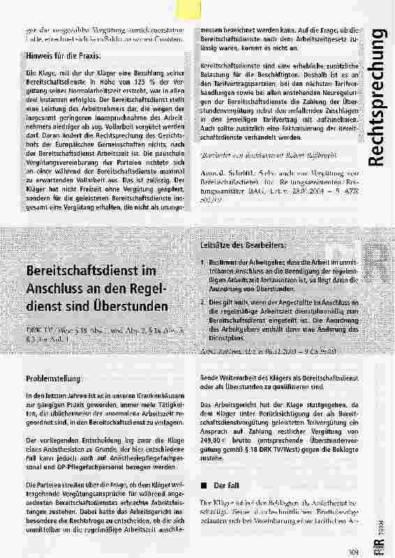 Vorschauseite 1: Bereitschaftsdienst im Anschluss an den Regeldienst sind Überstunden