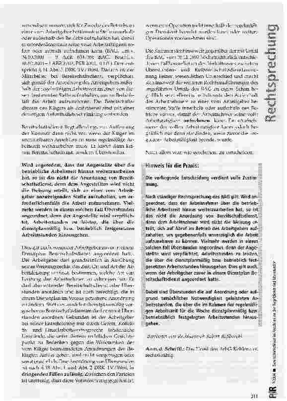 Vorschauseite 3: Bereitschaftsdienst im Anschluss an den Regeldienst sind Überstunden
