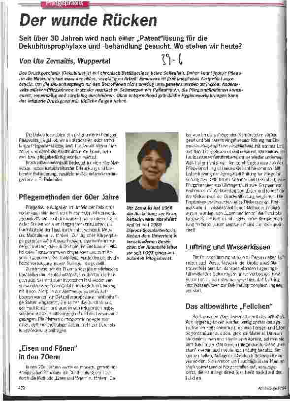Vorschauseite 1: Der wunde Rücken Seit über 30 Jahren wird nach einer Patentlösung für die Dekubitusprophylaxe und -behandlung gesucht. Wo stehen wir..?