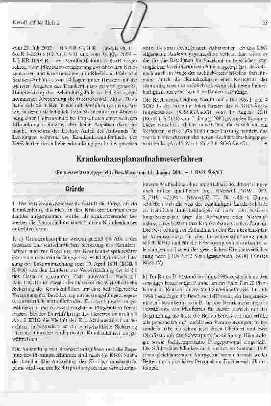 Vorschauseite 1: KrankenhausplanaufnahmeverfahrenBundesverfassungsgericht, Beschluss vom 14. Januar 2004 - 1 BVR 506/03