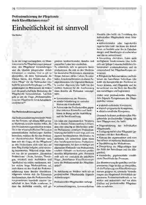 Vorschauseite 1: Einheitlichkeit ist sinnvoll. Professionalisierung der Pflegeberufe durch Klassifikationssysteme?