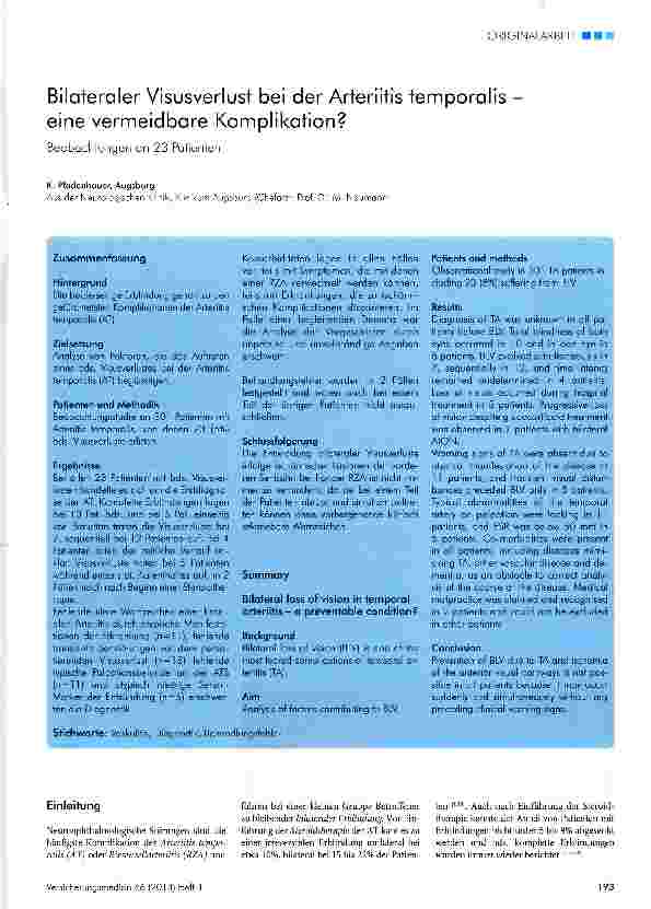 Vorschauseite 1: Bilateraler Visusverlust bei der Arteriitis temporalis eine vermeidbare Komplikation?Beobachtungen an 23 Patienten