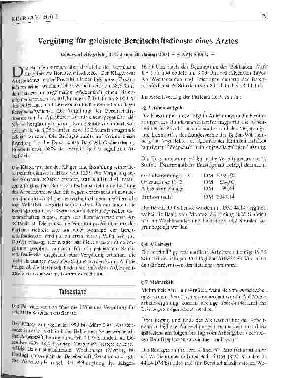 Vorschauseite 1: Vergütung für geleistete Bereitschaftsdienste eines ArztesBundesarbeitsgericht, Urteil vom 28. Januar 2004 - 5 AZR 530/02 -