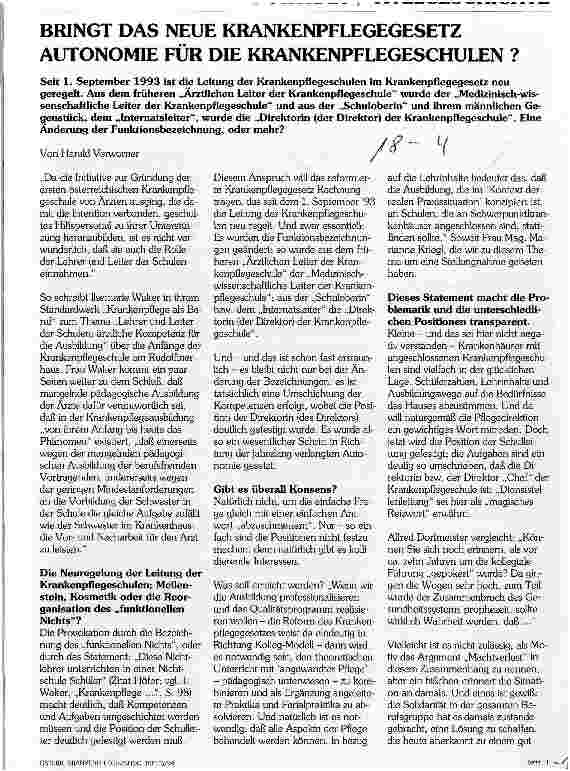 Vorschauseite 1: Bringt das neue Krankenpflegegesetz Autonomie für die Krankenpflegeschulen? Neuregelungen seit 1. 9. 93