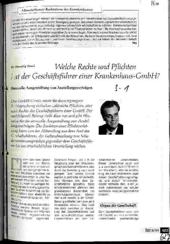 Vorschauseite 1: Welche Rechte und Pflichten hat der Geschäftsführer einer Krankenhaus- GmbH?Sinnvolle Ausgestaltung von Anstellungsverträgen