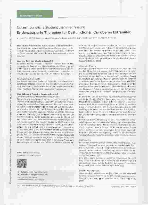 Vorschauseite 1: Nutzerfreundliche Studienzusammenfassung Evidenzbasierte Therapien für Dysfunktionen der oberen Extremität