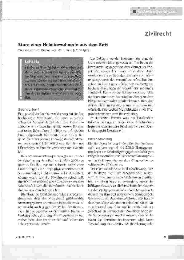 Vorschauseite 1: Sturz einer Heimbewohnerin aus dem BettOberlandesgericht Dresden vom 23.9.2004 (7 U 753/04)