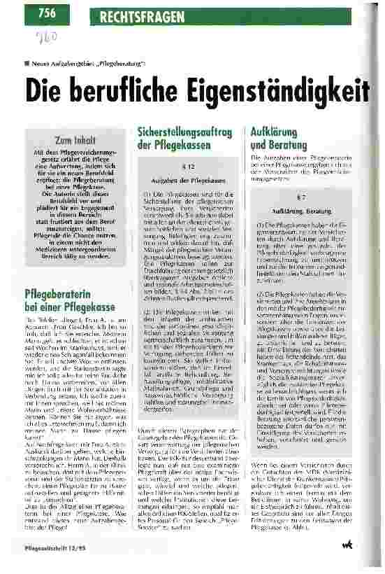 Vorschauseite 1: Die berufliche Eigenständigkeit ist gesetzlich festgeschrieben Neues Aufgabengebiet Pflegeberatung