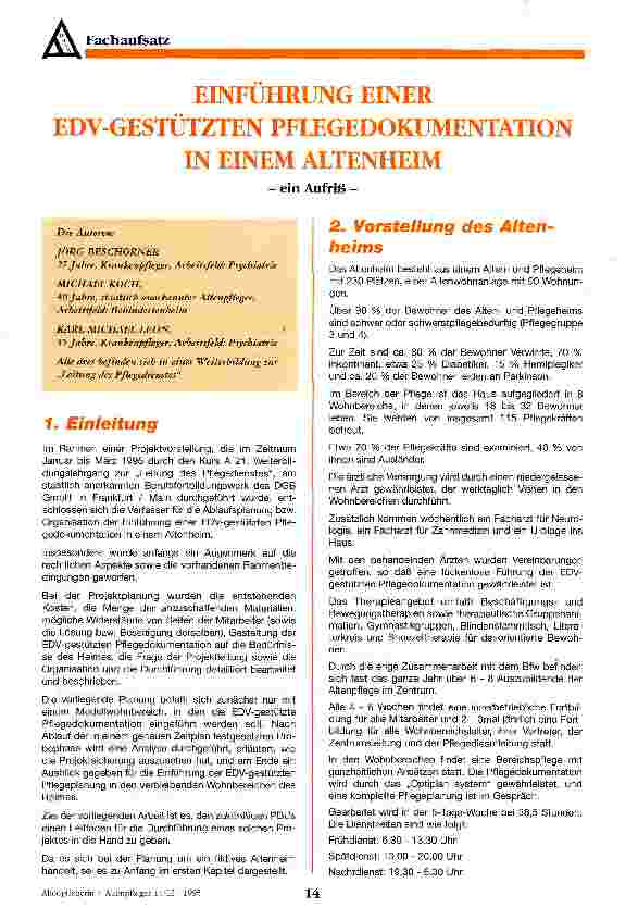 Vorschauseite 1: Einführung einer EDV-gestützten Pflegedokumentation in einem Altenheim - ein Aufriß -