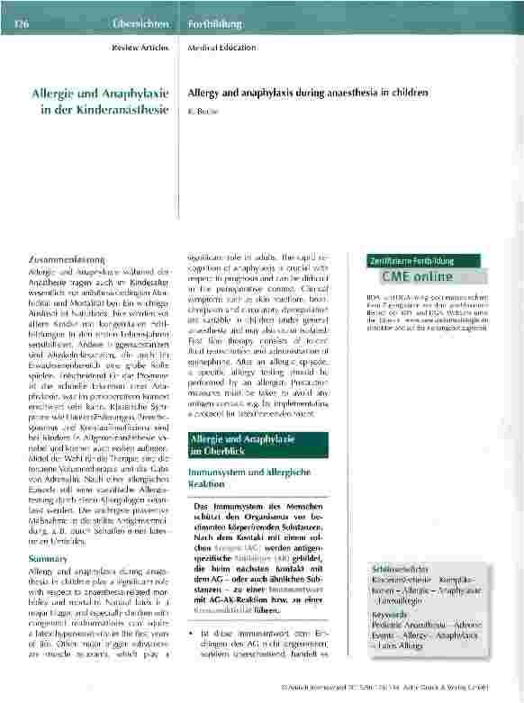Vorschauseite 1: Allergie und Anaphylaxie in der Kinderanästhesie