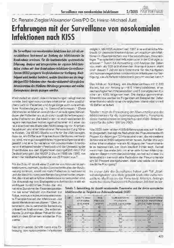 Vorschauseite 1: Erfahrungen mit der Surveillance von nosokomialen Infektionen nach KISS