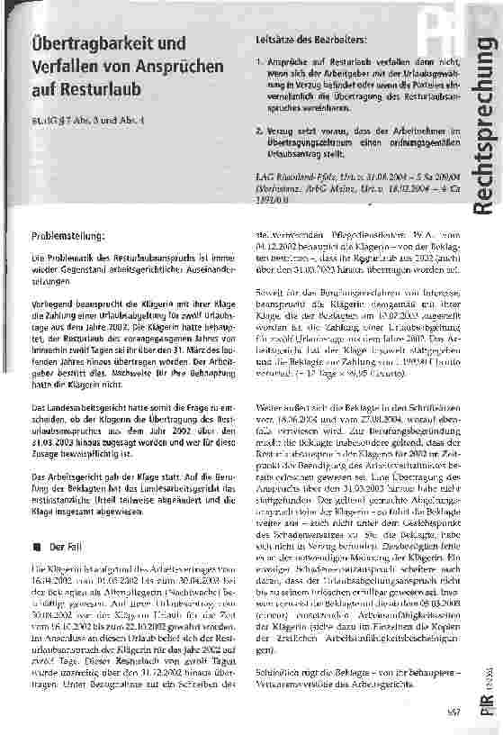 Vorschauseite 1: Übertragbarkeit und Verfallen von Ansprüchen auf Resturlaub