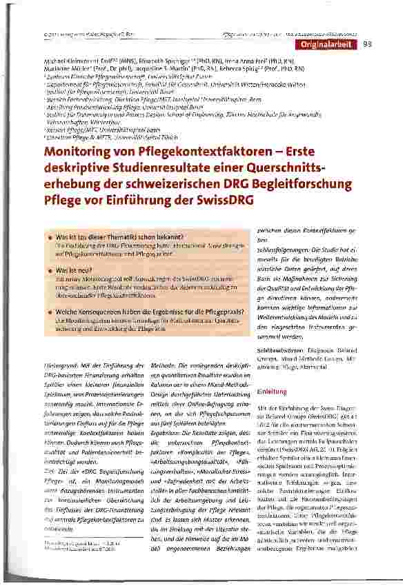 Vorschauseite 1: Monitoring von Pflegekontextfaktoren - Erste deskriptive Studienresultate einer Querschnittserhebung der schweizerischen DRC Begleitforschung Pflege vor Einführung der SwissDRG