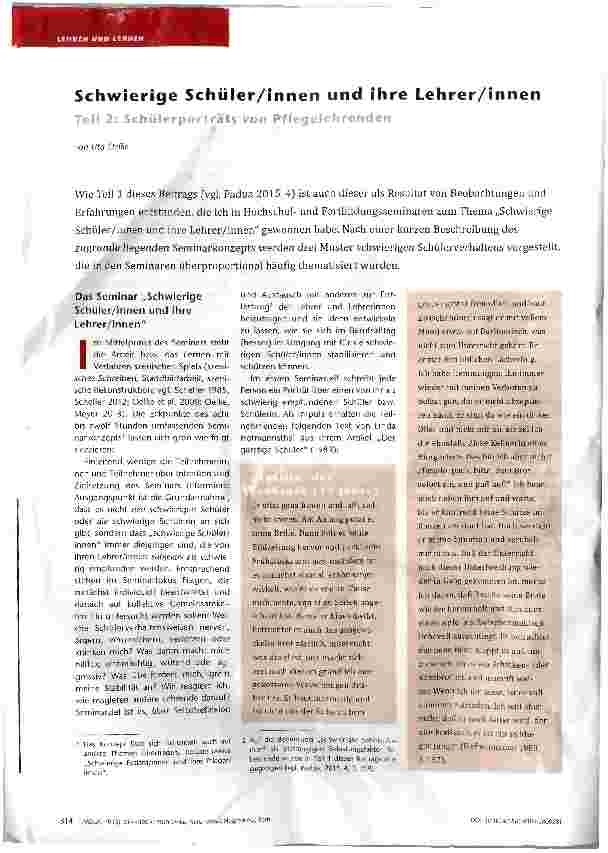 Vorschauseite 1: Schwierige Schüler/innen und ihre Lehrer/innen Teil 2: Schülerporträts von PflegeSehrenden