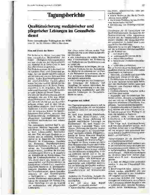 Vorschauseite 1: Qualitätssicherung medizinischer und pflegerischer Leistungen im Gesundheitsdienst erster internationaler Trainingskurs in Barcelona WH