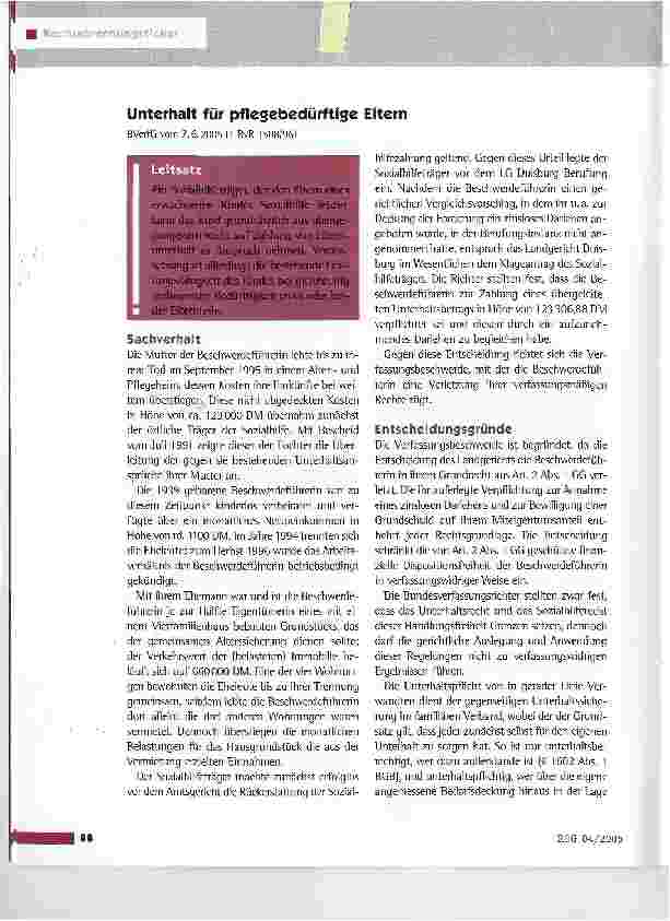 Vorschauseite 1: Unterhalt für pflegebedürftige ElternBVerfG vom 7.6.2005 (1 BvR 1508/96)