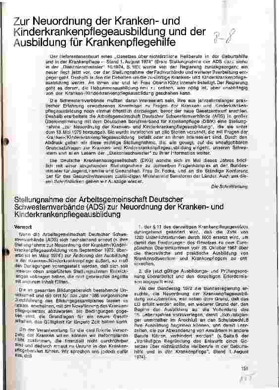 Vorschauseite 1: Zur Neuordnung der Krankenund Kinderkrankenpflegeausbildung und der Ausbildung für Krankenpflegehilfe