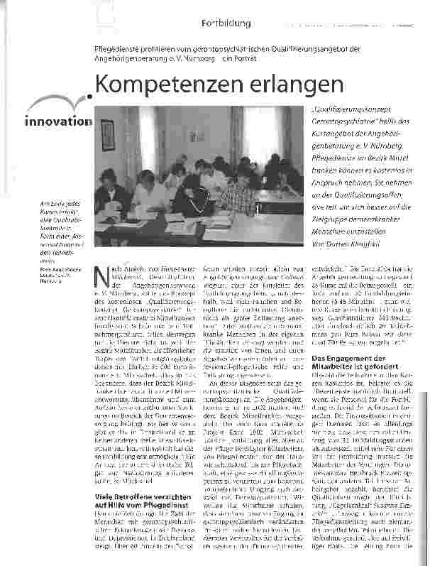 Vorschauseite 1: Kompetenzen erlangenPflegedienste profitieren vom gerontopsychiatrischen Qualifizierungsangebot der Angehörigenberatung e. V. Nürnberg - ein Porträt
