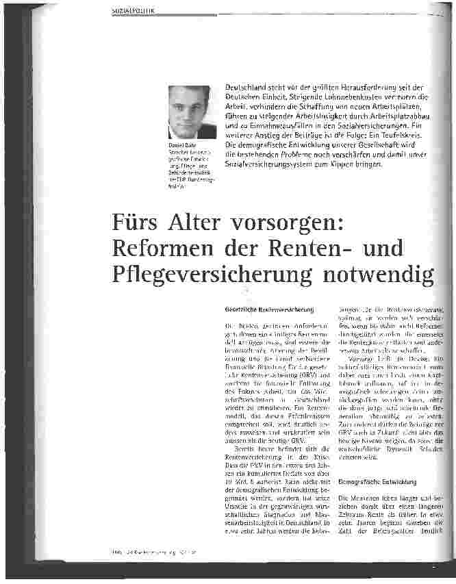 Vorschauseite 1: Fürs Alter Vorsorgen: Reformen der Rentenund Pflegeversicherung notwendig