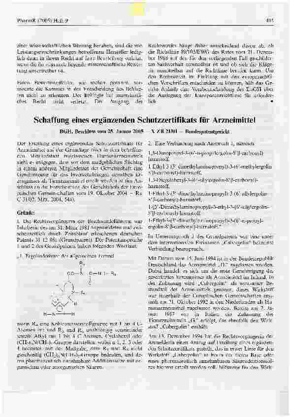 Vorschauseite 1: Schaffung eines ergänzenden Schutzzertifikats für ArzneimittelBGH, Beschluss vom 25. Januar 2005 - X ZB 21/01 - Bundespatentgericht