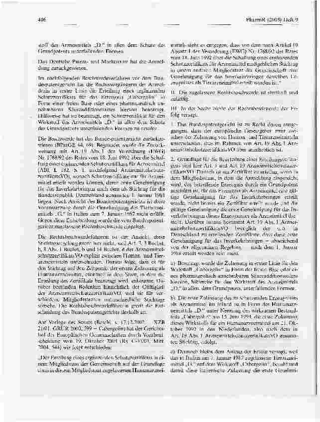 Vorschauseite 2: Schaffung eines ergänzenden Schutzzertifikats für ArzneimittelBGH, Beschluss vom 25. Januar 2005 - X ZB 21/01 - Bundespatentgericht