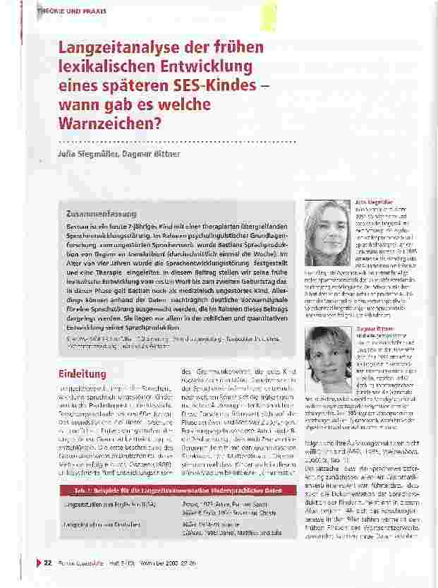 Vorschauseite 1: Langzeitanalyse der frühen lexikalischen Entwicklung eines späteren SES-Kindes -wann gab es welche Warnzeichen?