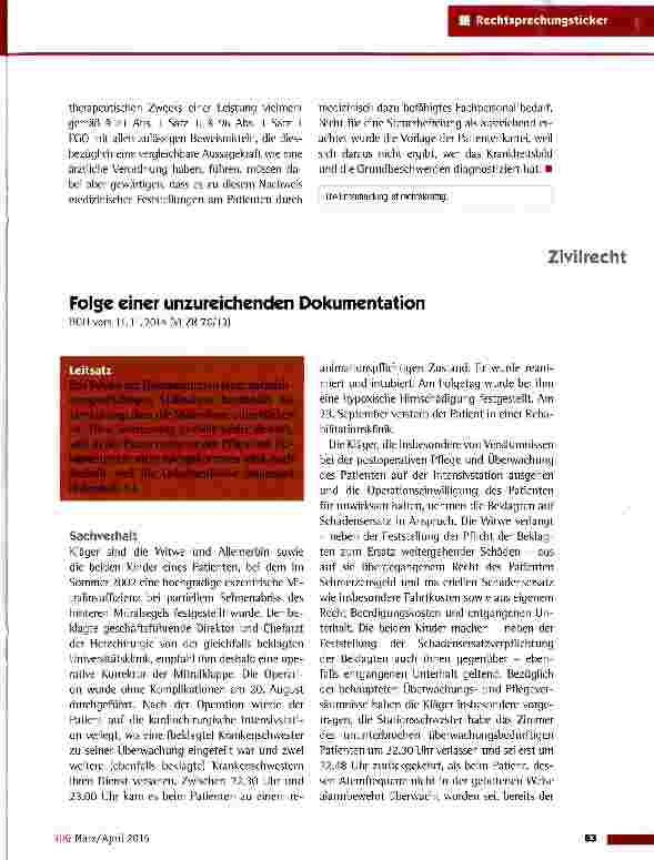 Vorschauseite 1: Folge einer unzureichenden Dokumentation BGH vom 11.11.2014 (VI ZR 76/13)