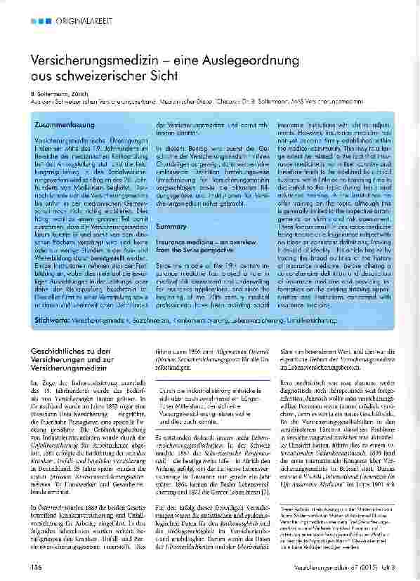Vorschauseite 1: Versicherungsmedizin - eine Auslegeordnung aus schweizerischer Sicht