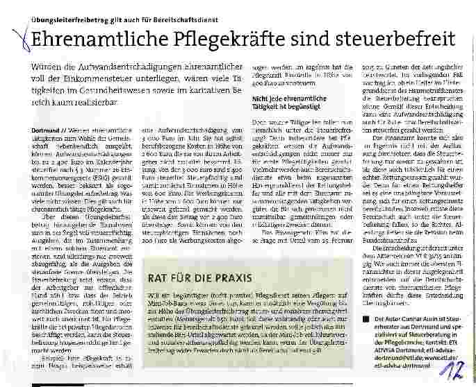 Vorschauseite 1: Ehrenamtliche Pflegekräfte sind steuerbefreit