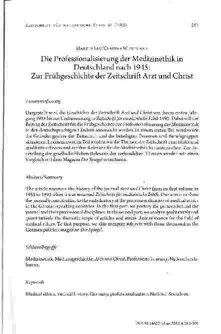 Vorschauseite 1: Die Professionalisierung der Medizinethik in Deutschland nach 1945: Zur Frühgeschichte der Zeitschrift Arzt und Christ