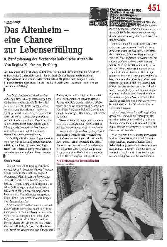 Vorschauseite 1: Das Altenheim - eine Chance zur Lebenserfüllung 8. Bundestagung des Verbandes katholische Altenhilfe
