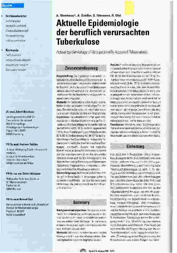 Vorschauseite 1: Aktuelle Epidemiologie der beruflich verursachten Tuberkulose