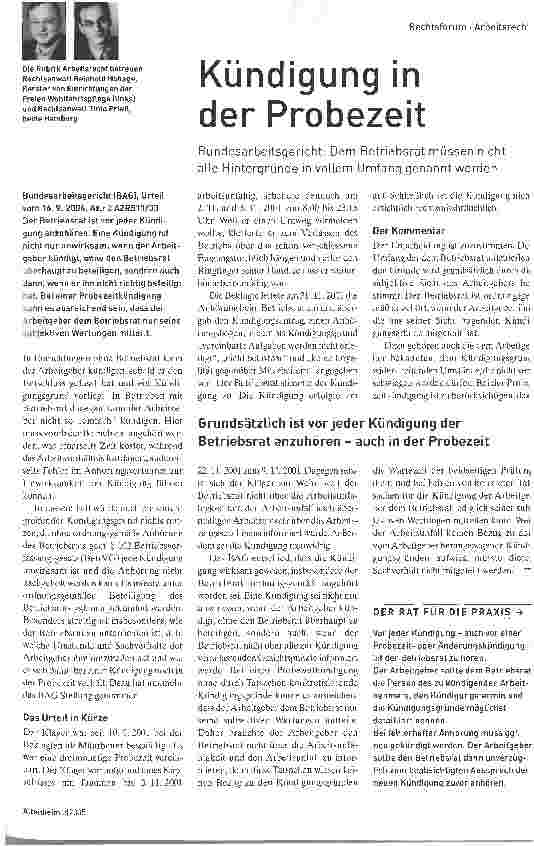 Vorschauseite 1: Kündigung in der Probezeit