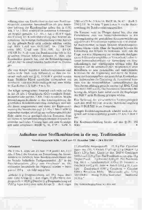 Vorschauseite 1: Aufnahme einer Stoffkombination in die sog. TraditionslisteVerwaltungsgericht Köln, Urteil vom 15. Dezember 2004 - 24 K 8167/01