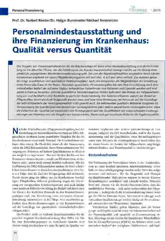 Vorschauseite 1: Personalmindestausstattung und ihre Finanzierung im Krankenhaus: Qualität versus Quantität