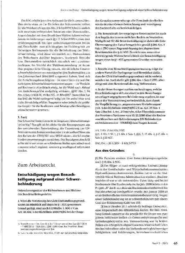 Vorschauseite 1: Entschädigung wegen Benachteiligung aufgrund einer Schwerbehinderung