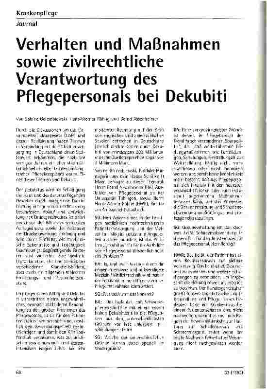 Vorschauseite 1: Verhalten und Maßnahmen sowie zivilrechtliche Verantwortung des Pflegepersonals bei Dekubiti