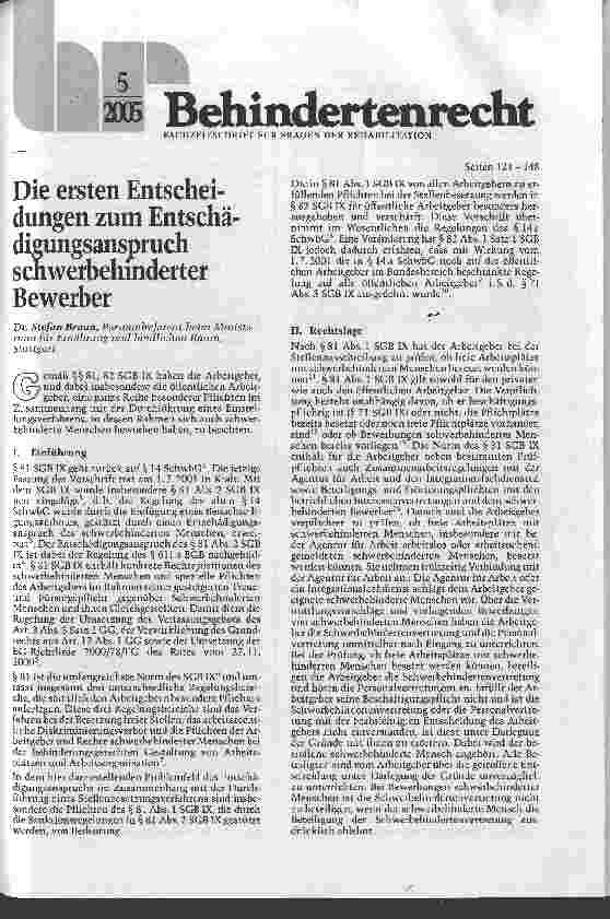 Vorschauseite 1: Die ersten Entscheidungen zum Entschädigungsanspruch schwerbehinderter Bewerber