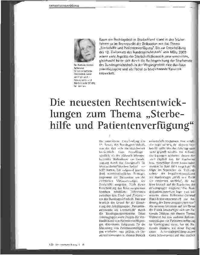 Vorschauseite 1: Die neuesten Rechtsentwicklungen zum Thema Sterbehilfe und Patientenverfiigung