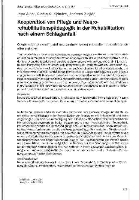 Vorschauseite 1: Kooperation von Pflege und Neuro-rehabilitationspädagogik in der Rehabilitation nach einem Schlaganfail