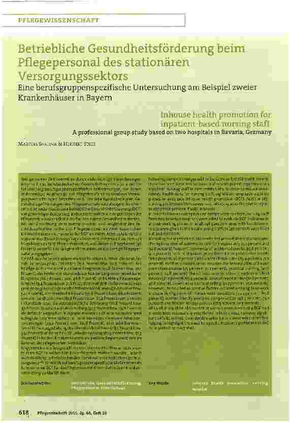 Vorschauseite 1: Betriebliche Gesundheitsförderung beim Pflegepersonal des stationären Versorgungssektors
