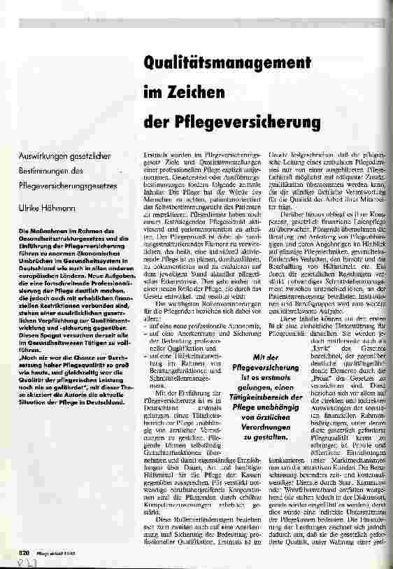 Vorschauseite 1: Qualitätsmanagement im Zeichen der Pflegeversicherung Auswirkungen gesetzlicher Bestimmungen des Pflegeversicherungsgesetzes