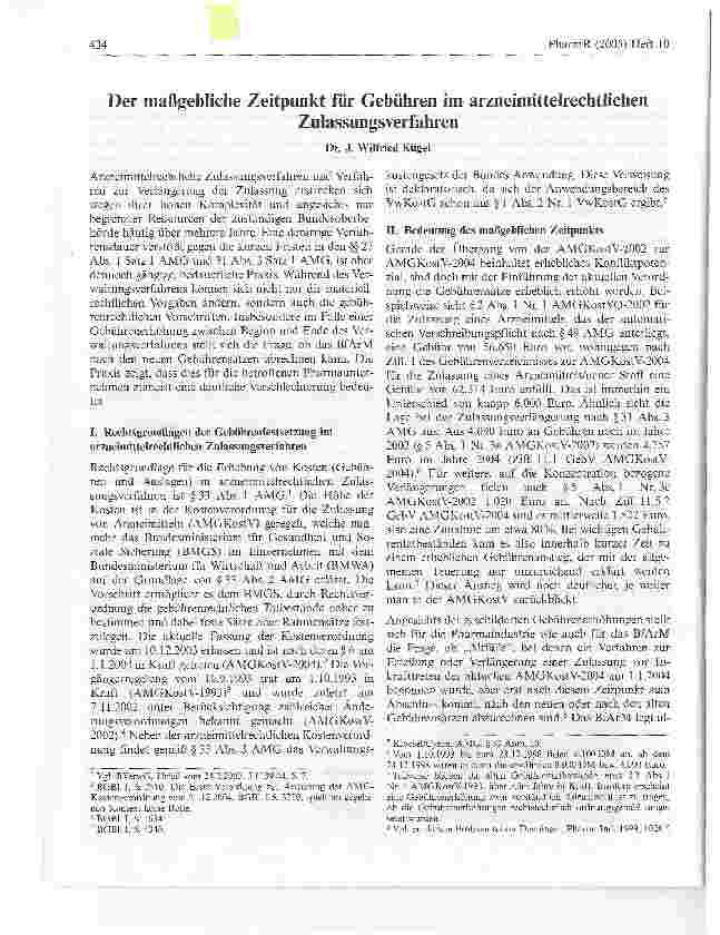 Vorschauseite 1: Der maßgebliche Zeitpunkt für Gebühren im arzneimittelrechtlichen Zulassungsverfahren