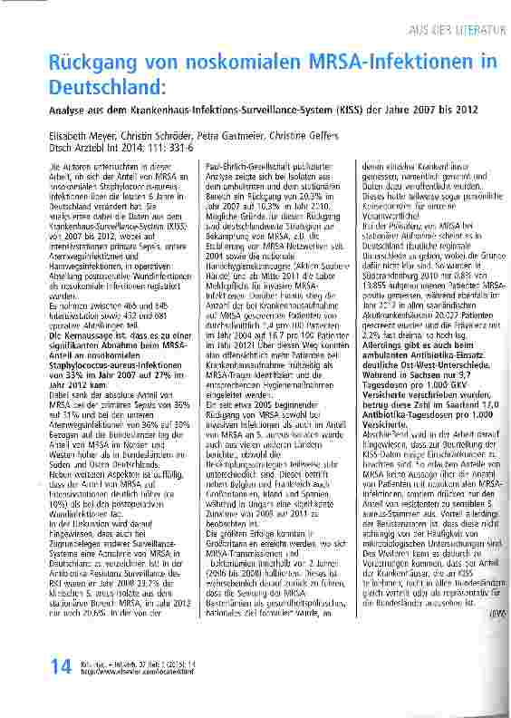Vorschauseite 1: Rückgang von noskomialen MRSA-Infektionen in Deutschland: Analyse aus dem Krankenhaus-Infektions-Surveillance-System (KISS) der Jahre 2007 bis 2012