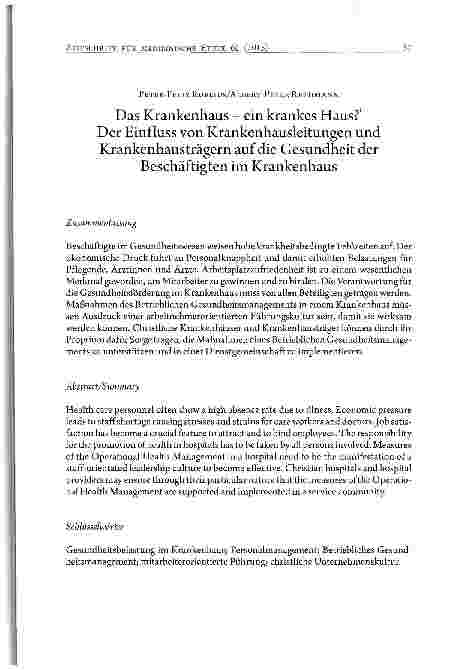 Vorschauseite 1: Das Krankenhaus - ein krankes Haus? Der Einfluss von Krankenhausleitungen undKrankenhausträgern auf die Gesundheit derBeschäftigten im Krankenhaus