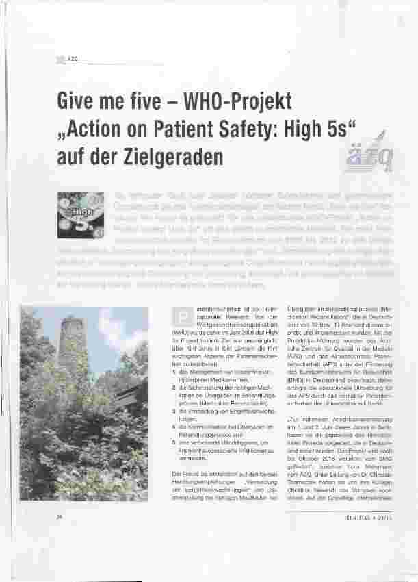 Vorschauseite 1: Give me five WHO-Projekt „Action on Patient Safety: High 5s“ auf der Zieigeraden