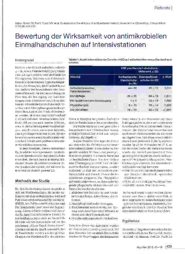 Vorschauseite 1: Bewertung der Wirksamkeit von antimikrobiellen Einmalhandschuhen auf Intensivstationen