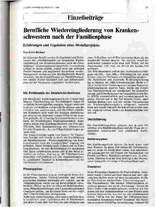 Vorschauseite 1: Berufliche Wiedereingliederung von Krankenschwestern nach der Familienphase; Erfahrungen und Ergebnisse eines Modellprojektes