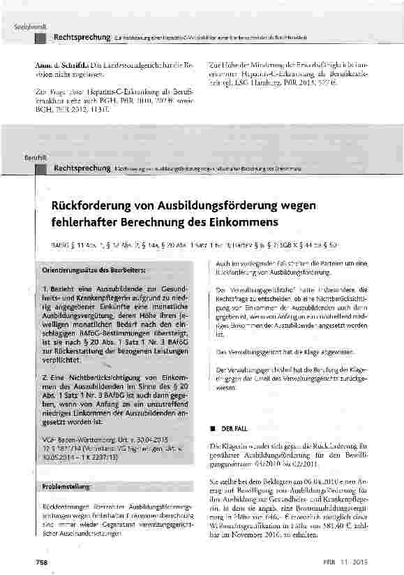 Vorschauseite 1: Rückforderung von Ausbildungsförderung wegen fehlerhafter Berechnung des EinkommensBAföG § 11 Abs. 1, § 12 Abs. 2, § 14a, § 20 Abs. 1 Satz 1 Nr. 3; HärteV § 6, § 7; SGB X § 44 bis…